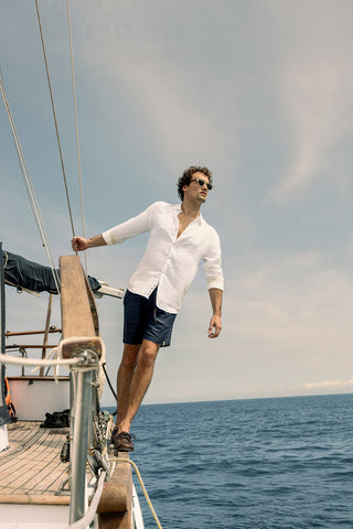 Îlot Colombia, Camisa bora bora blanca y Short azul para hombre, Verano, Playa, Ropa de hombre