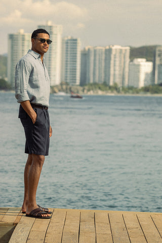 Îlot Colombia, Camisa privé azul, Bermuda azul, Eventos de verano, Playa, Ropa para hombre, Gafas, Sandalias