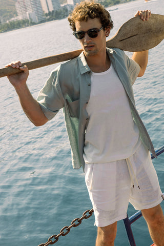 Îlot Colombia, Shorts Costa blanco y Camisa azul para hombre, Verano, Playa, Ropa de hombre, Gafas, Accesorios hombre