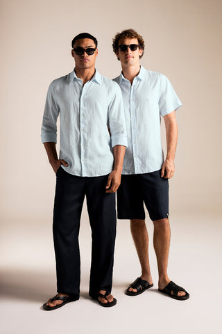 Îlot Colombia, Camisa privé azul, Pantalón y Bermuda azul oscuro, Eventos de verano, Sandalias, Gafas, Playa, Ropa para hombre