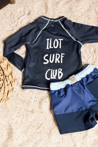 Îlot Colombia, Camiseta lycra kids azul, Pantaloneta baño azul, Verano, Playa, Ropa para niño