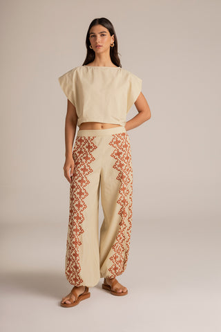 Touché Colombia, Balneaire, Conjunto Top manga corta marfil y Pantalón café, Ropa de playa mujer, Verano, Playa, Vacaciones