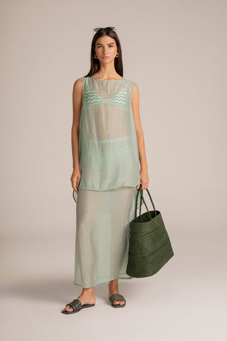 Touché Colombia, Balneaire, Top manga corta verde, Falda larga verde, Ropa de playa mujer, Sandalias verde, Bolso verde, Verano, Playa, Vacaciones