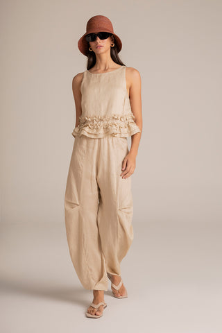 Touché Colombia, Balneaire, Top manga corta marfil, Pantalón marfil, Sandalias marfil, Ropa de playa mujer, Verano, Playa, Vacaciones