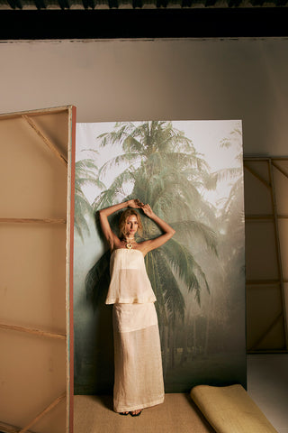 Touché Colombia, Balneaire, Top strapless, Falda larga, Ropa de playa mujer, Verano, Playa, Salida de baño, Sandalias